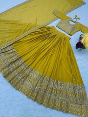 Reception Wear Heavy Work Mustard Color Lehenga Choli