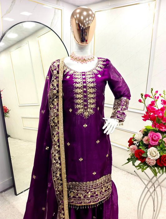 Wine Sequence Work Outstanding Sharara Suit