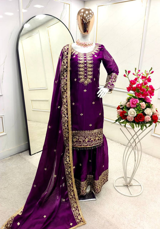 Wine Sequence Work Outstanding Sharara Suit
