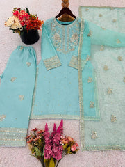 Sky Blue Color Chinnon Silk Salwar Suit