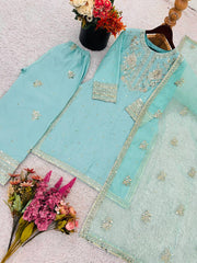 Sky Blue Color Chinnon Silk Salwar Suit