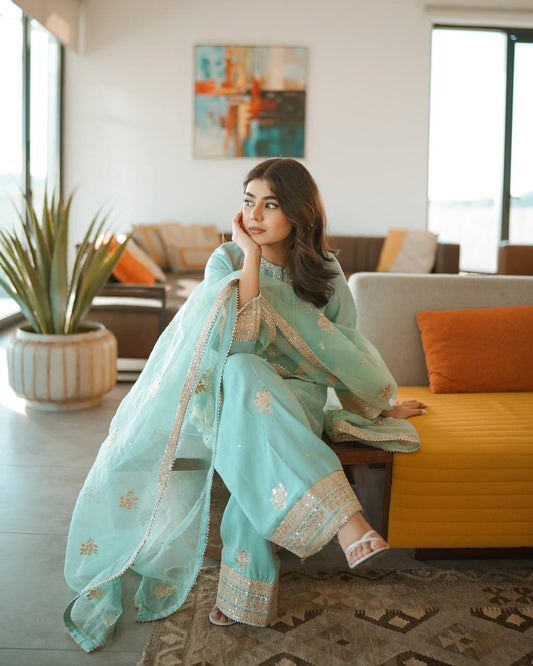 Sky Blue Color Chinnon Silk Salwar Suit