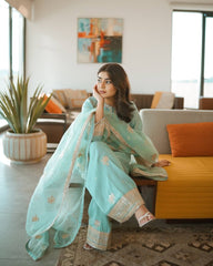 Sky Blue Color Chinnon Silk Salwar Suit