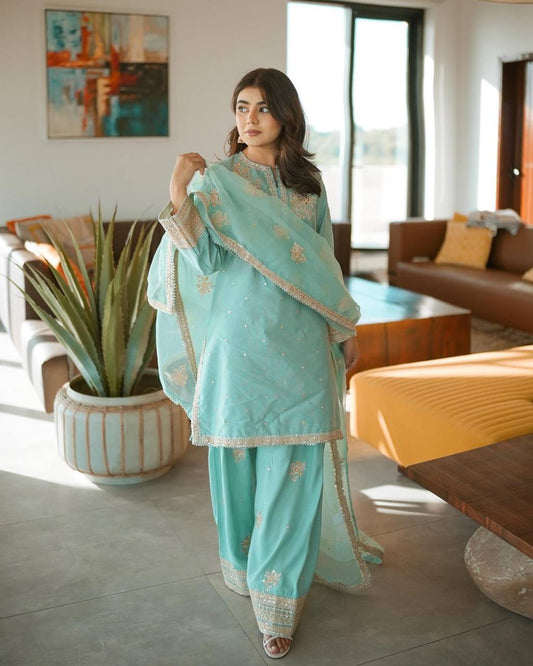 Sky Blue Color Chinnon Silk Salwar Suit
