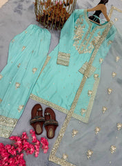 Stylish Embroidery Work Rama Color Palazzo Suit