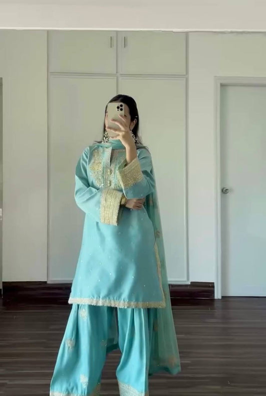 Stylish Embroidery Work Rama Color Palazzo Suit