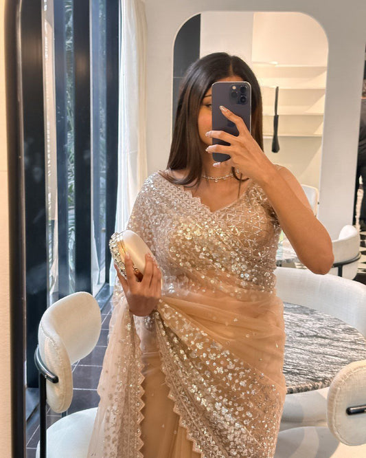 Silk Embroidery Work Partywear Beige Color Saree