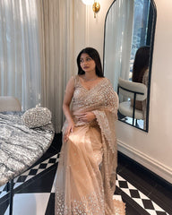 Silk Embroidery Work Partywear Beige Color Saree