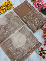 Silk Embroidery Work Partywear Beige Color Saree