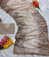 Silk Embroidery Work Partywear Beige Color Saree