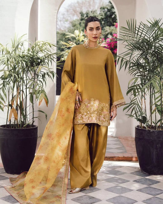 Mustard Color Embroidered Work Patiyala Suit