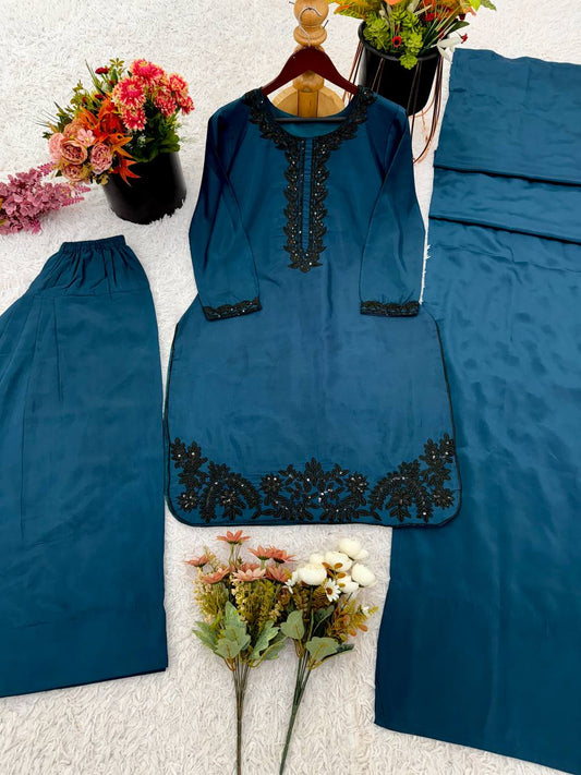 Casual Wear Navy Blue Color Sequence Work Palazzo Suit