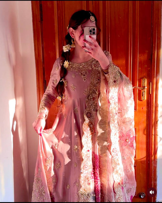 Delightful Embroidery Work Pink Color Gown With Dupatta