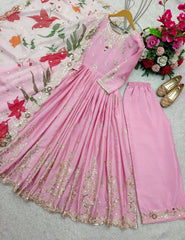 Delightful Embroidery Work Pink Color Gown With Dupatta