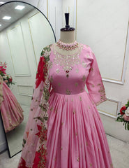 Delightful Embroidery Work Pink Color Gown With Dupatta