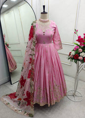 Delightful Embroidery Work Pink Color Gown With Dupatta