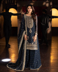 Navy Blue Color Heavy Work Sharara Set