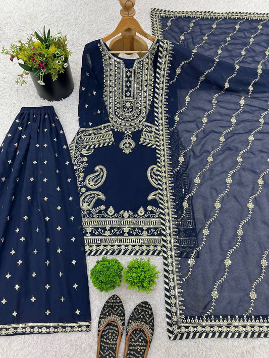 Navy Blue Color Heavy Work Sharara Set