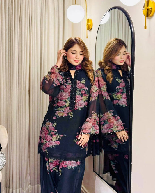 Beautiful Georgette Black Color Full Sleeve Palazzo Suit