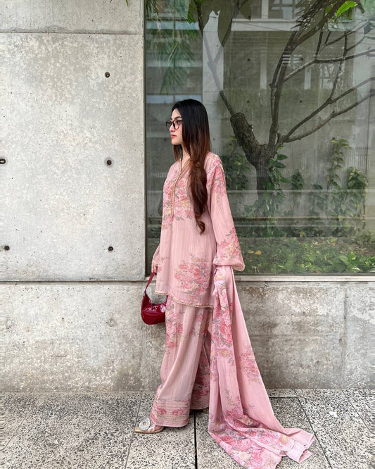 Beautiful Georgette Pink Color Full Sleeve Palazzo Suit