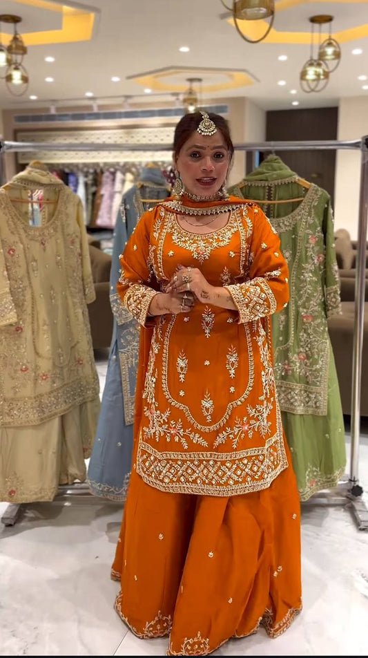 Elegant Orange Color Heavy Work Sharara Suit