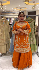 Elegant Orange Color Heavy Work Sharara Suit