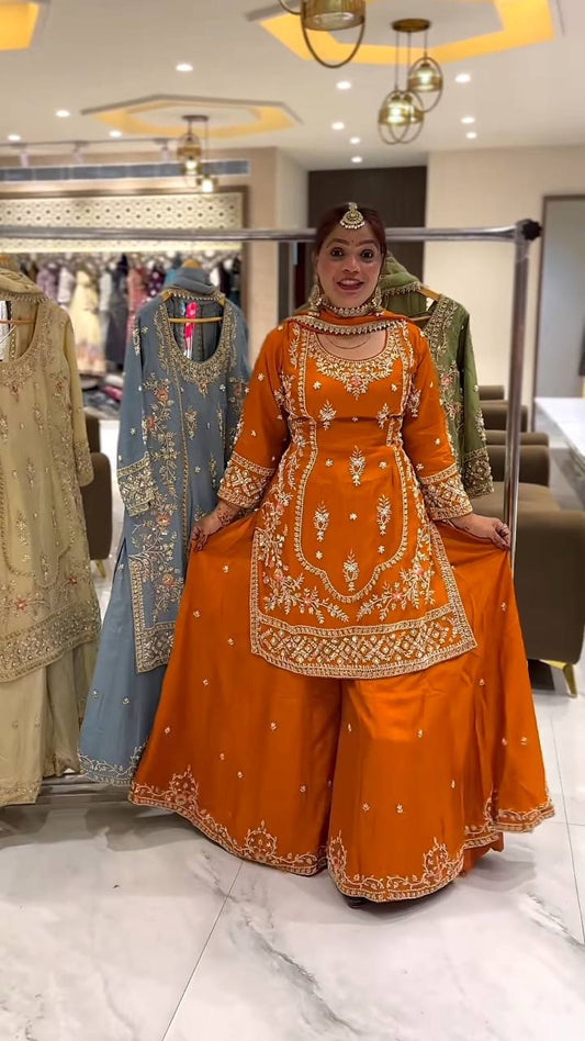 Elegant Orange Color Heavy Work Sharara Suit