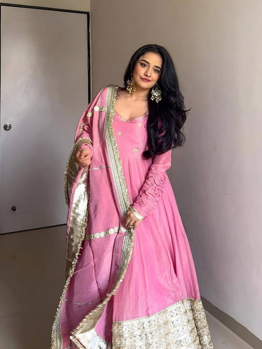 Flattering Vichitra Silk Sequence Work Pink Color Gown