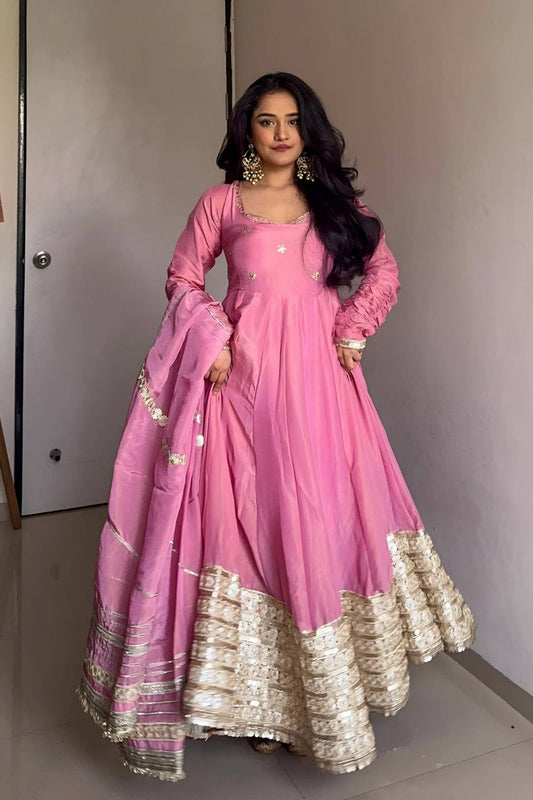 Flattering Vichitra Silk Sequence Work Pink Color Gown