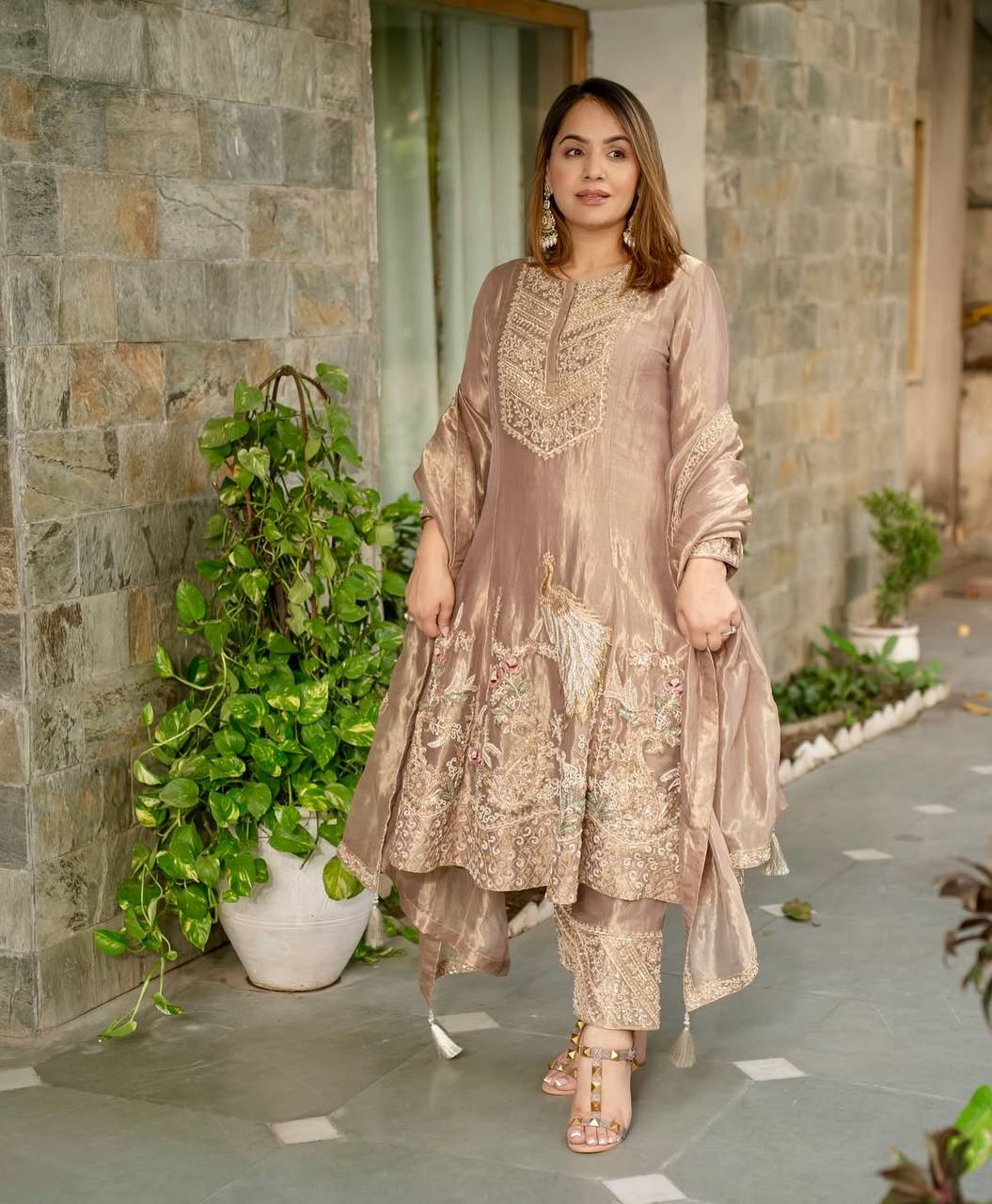 Delightful Embroidery Work Beige Color Anarkali Suit