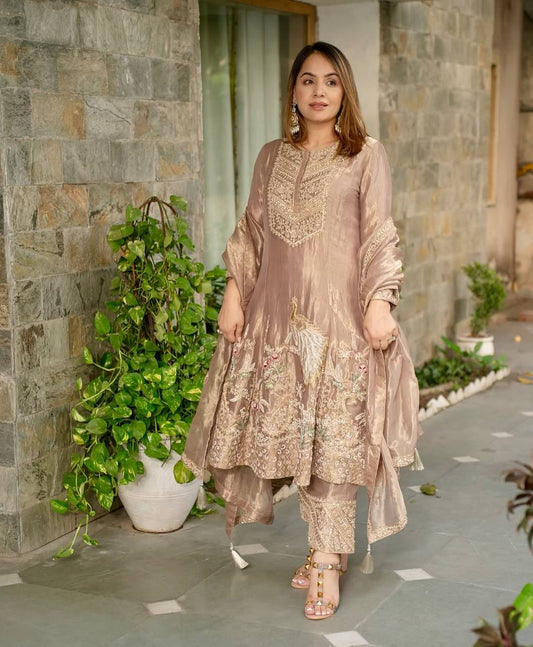 Delightful Embroidery Work Beige Color Anarkali Suit