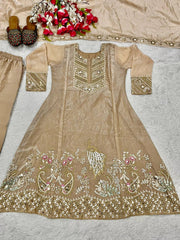 Delightful Embroidery Work Beige Color Anarkali Suit