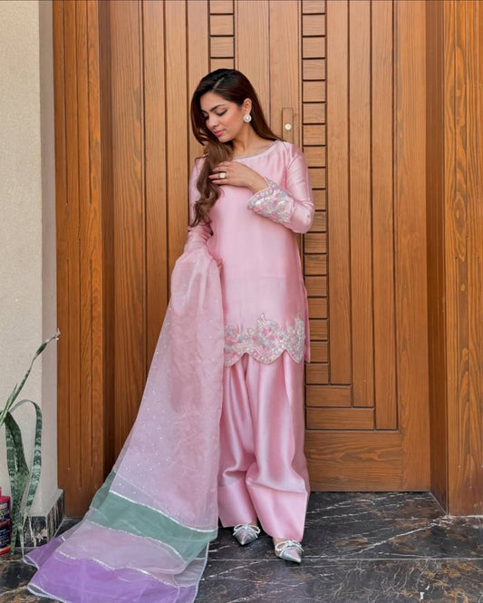 Graceful Peach Color Embroidered Fancy Salwar Suit