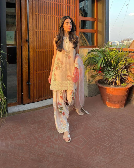 Peach Color Embroidery Work Outstanding Palazzo Suit