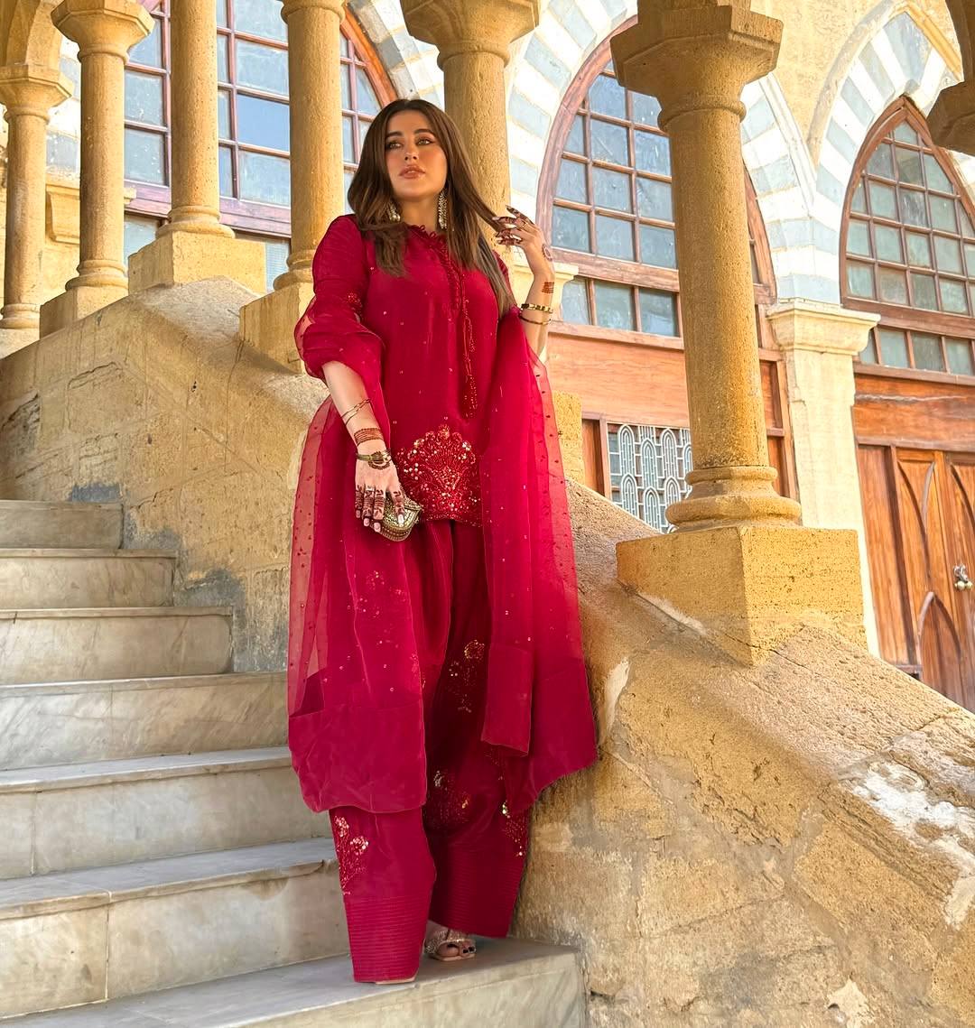 Adorable Embroidery Work Red Color Palazzo Suit