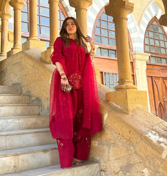 Adorable Embroidery Work Red Color Palazzo Suit