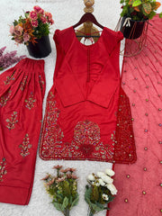 Adorable Embroidery Work Red Color Palazzo Suit