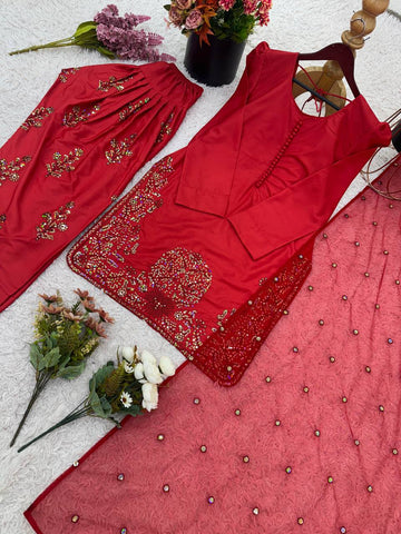Adorable Embroidery Work Red Color Palazzo Suit
