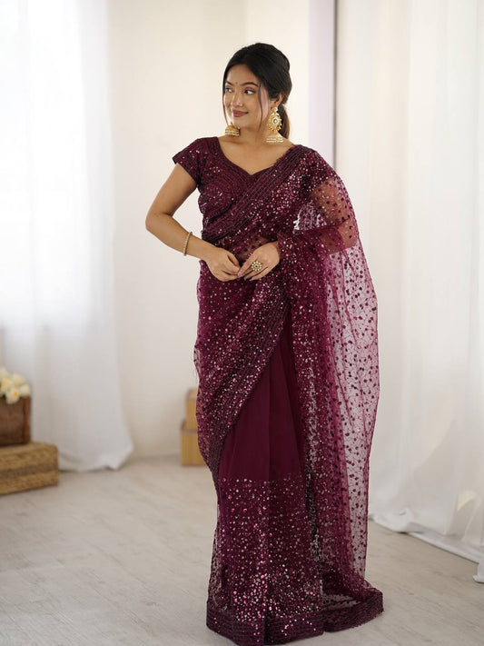 Wine Color Dori Work Party Wear Saree