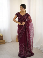 Wine Color Dori Work Party Wear Saree