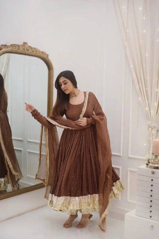 Designer Brown Color Moti Work Gown