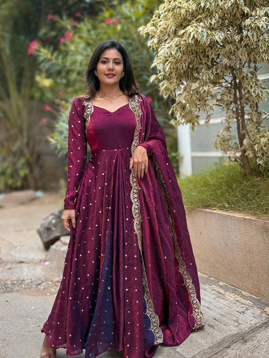 Function Wear Fandy Silk Wine Color Gown