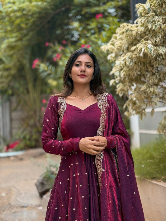 Function Wear Fandy Silk Wine Color Gown