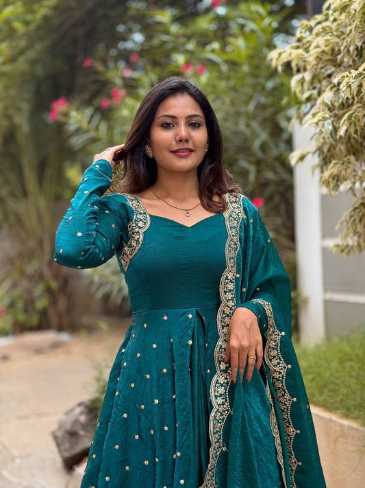 Function Wear Fandy Silk Teal Blue Color Gown