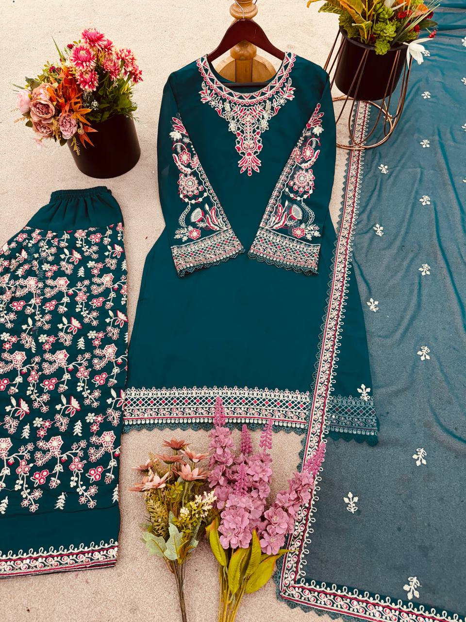 Teal Green Embroidery Work Punjabi Suit