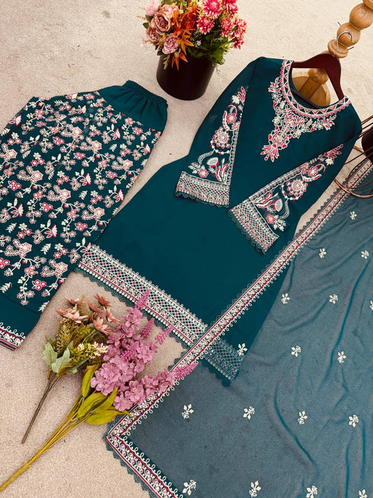 Teal Green Embroidery Work Punjabi Suit