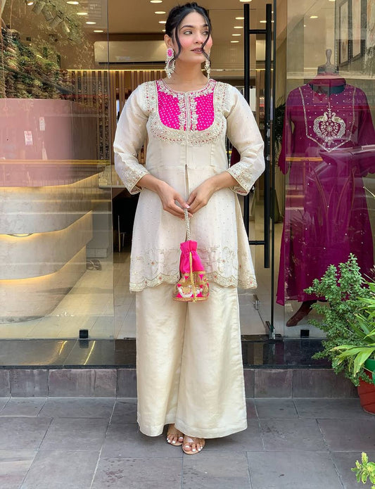 Elegant Shimmer Silk Cream With Pink Co-ord Set