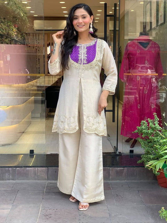Elegant Shimmer Silk Cream With Purple Co-ord Set