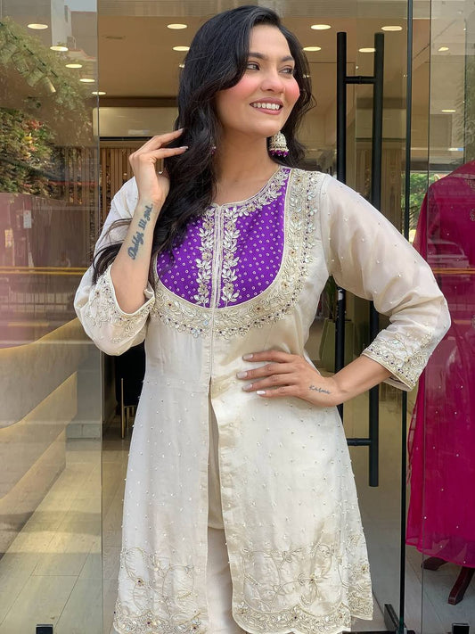 Elegant Shimmer Silk Cream With Purple Co-ord Set