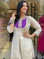 Elegant Shimmer Silk Cream With Purple Co-ord Set